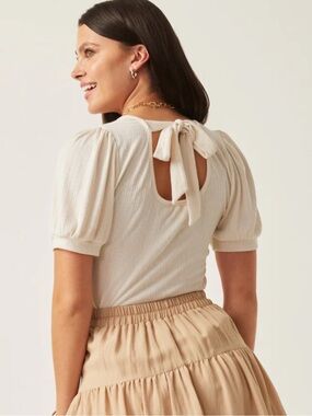 Hayden Scoop Neck Puff Sleeve Tie Detail Knit Bodysuit sz 1XL cream ivory